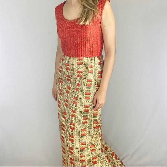 Vintage Gold Red Orange Hostess Maxi Party Dress. Union Label. - Picture 8 of 16